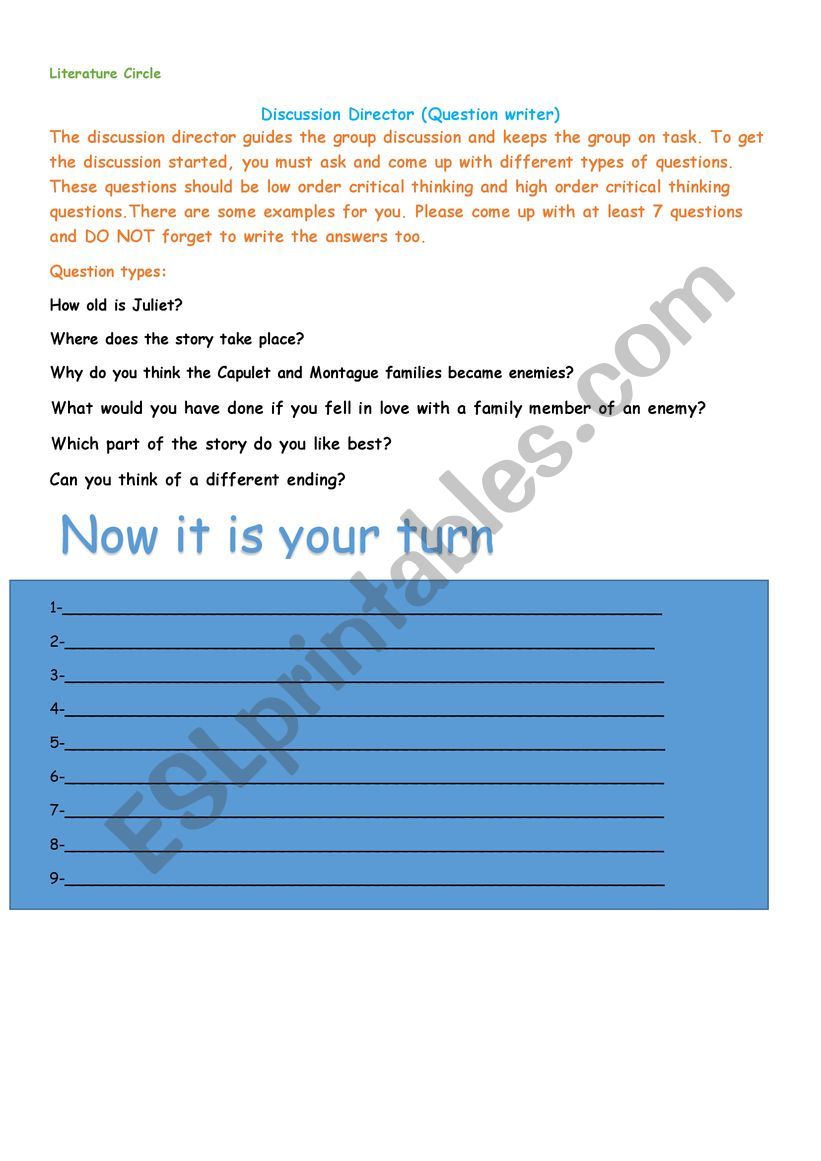 Literature Circle activities worksheet