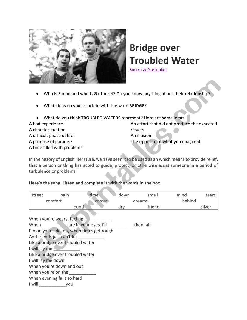 Bridge over troubled waters worksheet