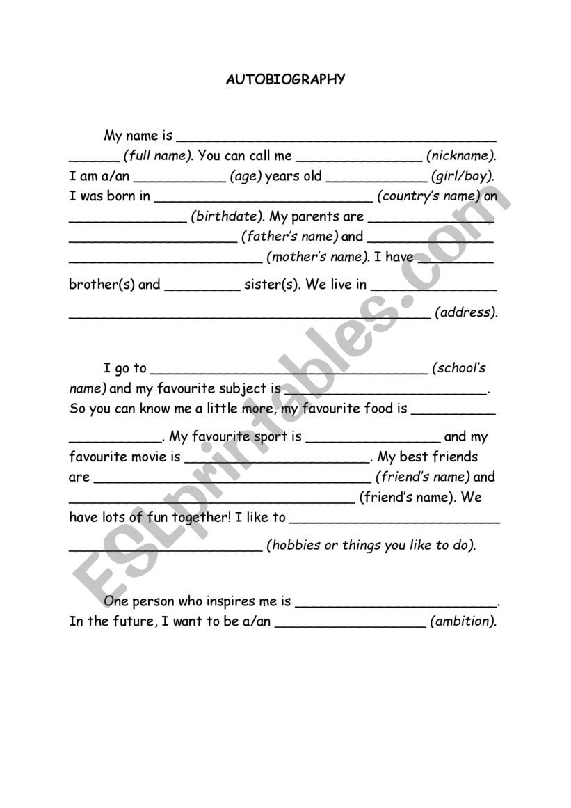 Autobiography worksheet