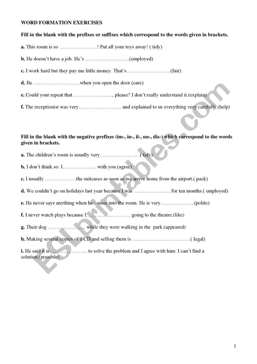 word formation worksheet