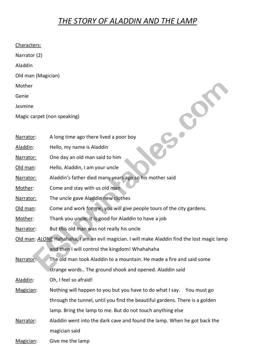 Aladdin and the lamp worksheet