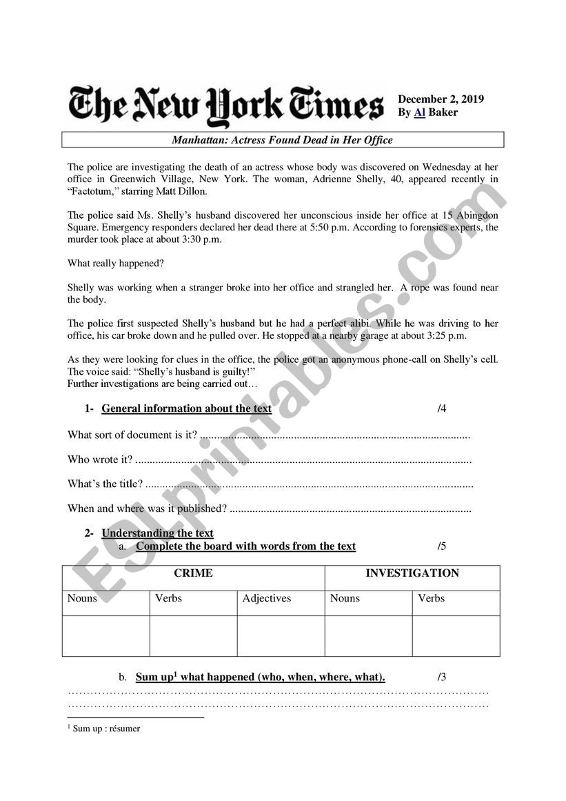 Crime Article worksheet