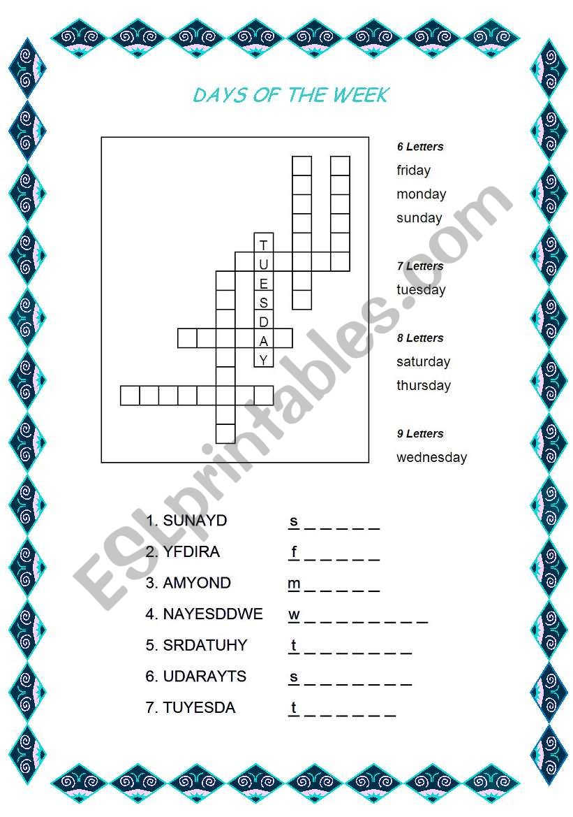 Days of the week worksheet