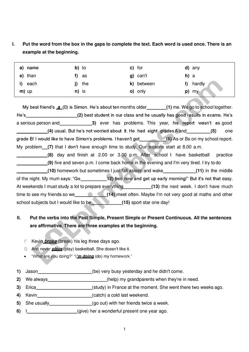 Grammar Homework worksheet