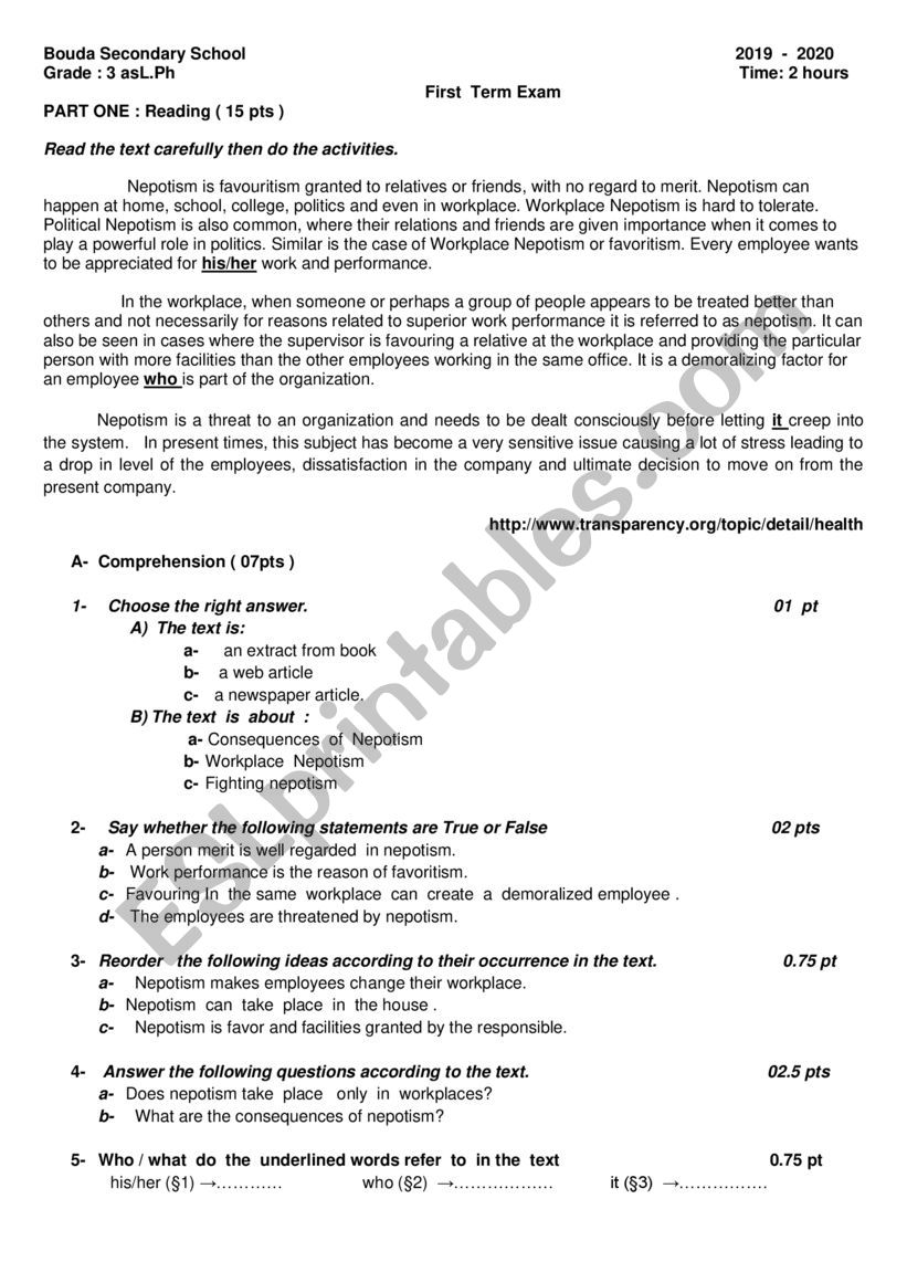 First    term  Exam for  3rd year  literary  stream