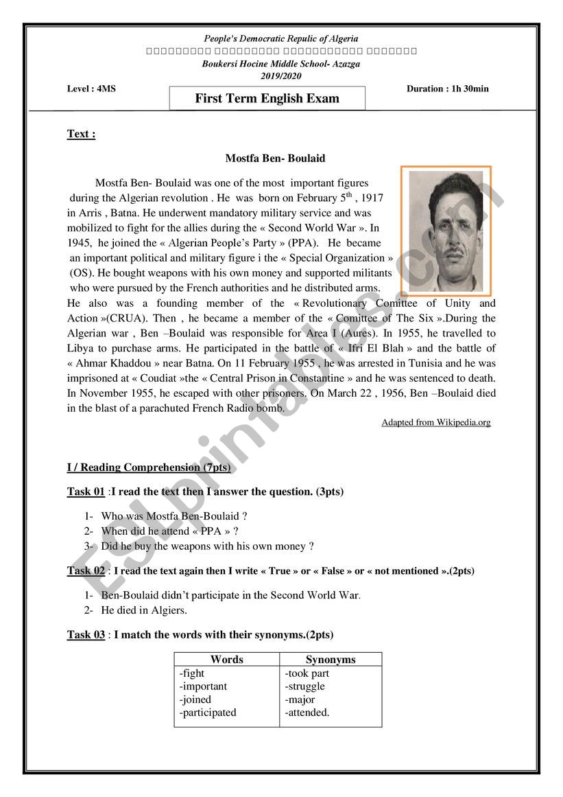 4MS First Exam worksheet