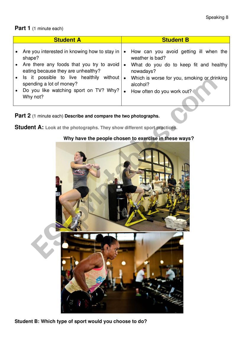 Health and Sport Speaking FCE worksheet