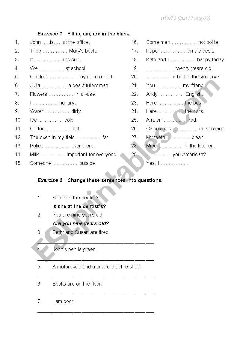 Verb to be Exercise worksheet