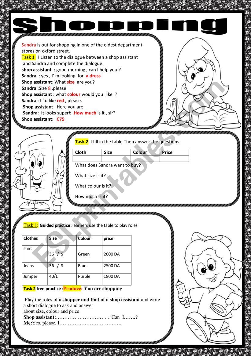 shopping  worksheet