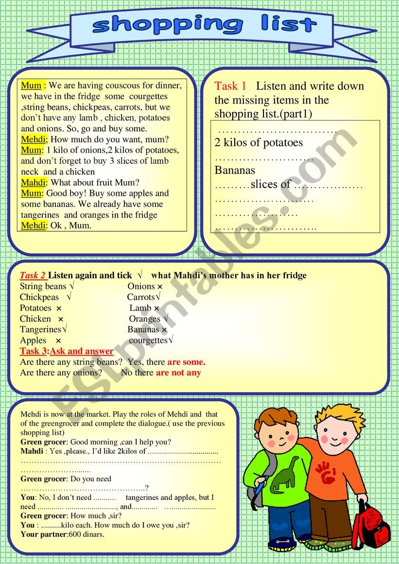 shopping list worksheet