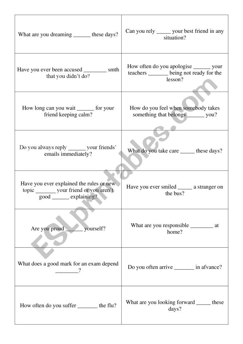 Verbs + prepostions (cards) worksheet