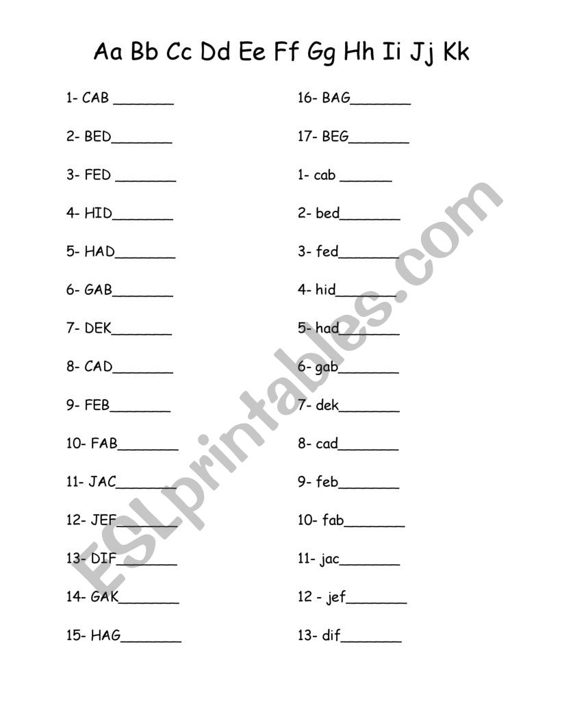 Reading words with the letters A-K