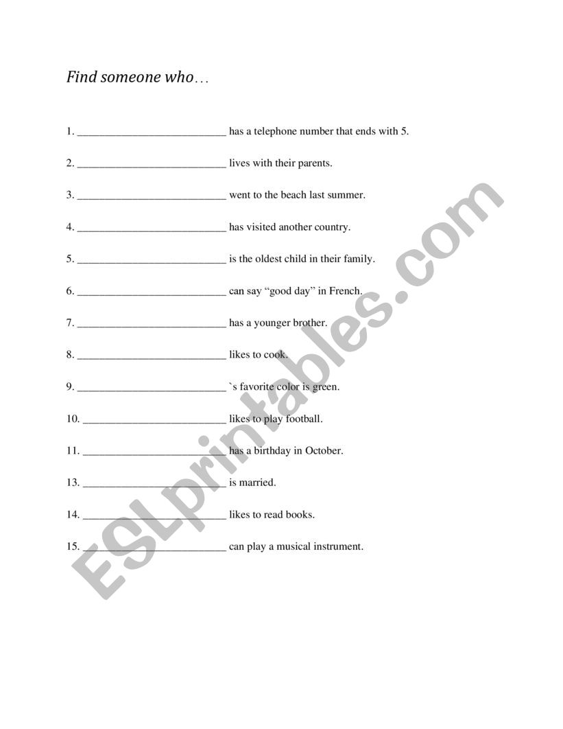 Find Someone Who Ice Breaker worksheet