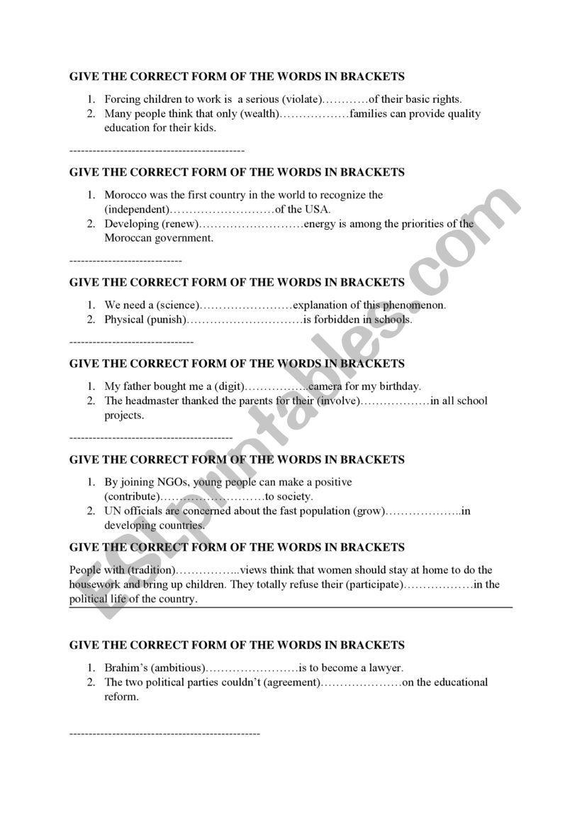 Word formation exercises worksheet