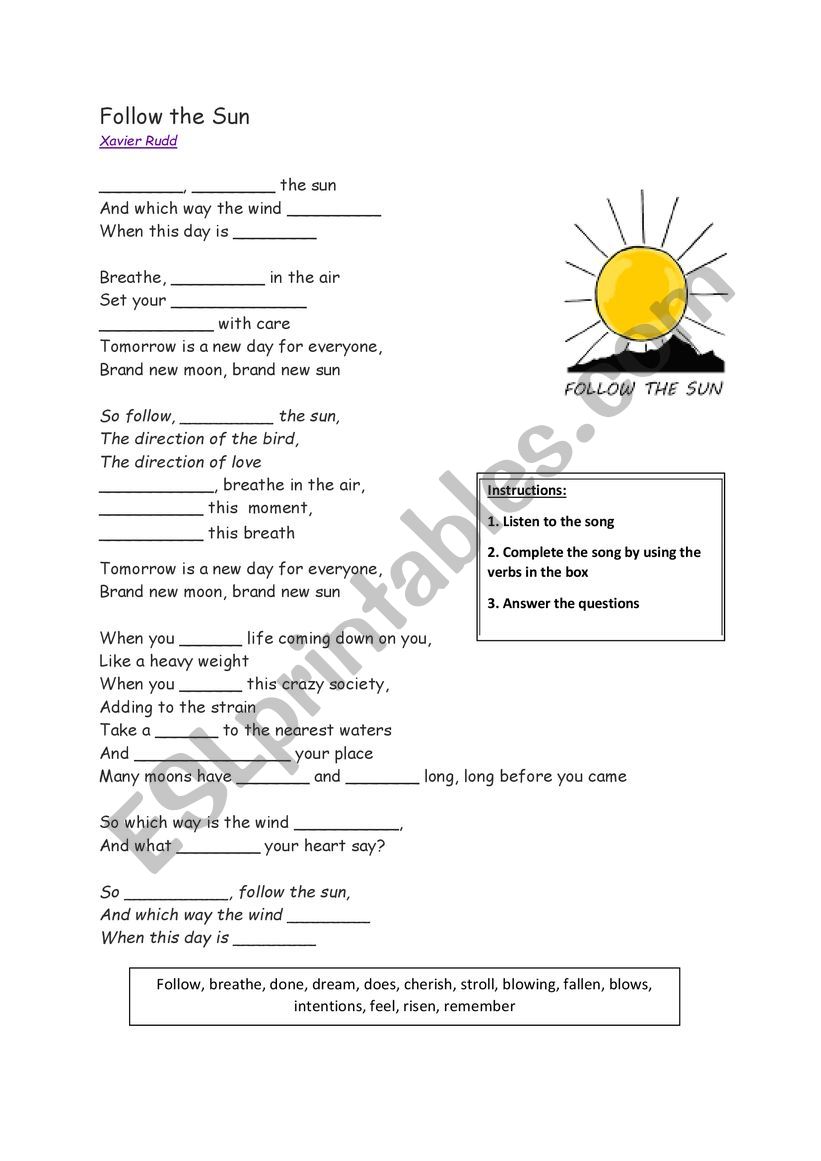 Follow The Sun Xavier Rudd Worksheet To Go With Song Esl Worksheet By Emmacale