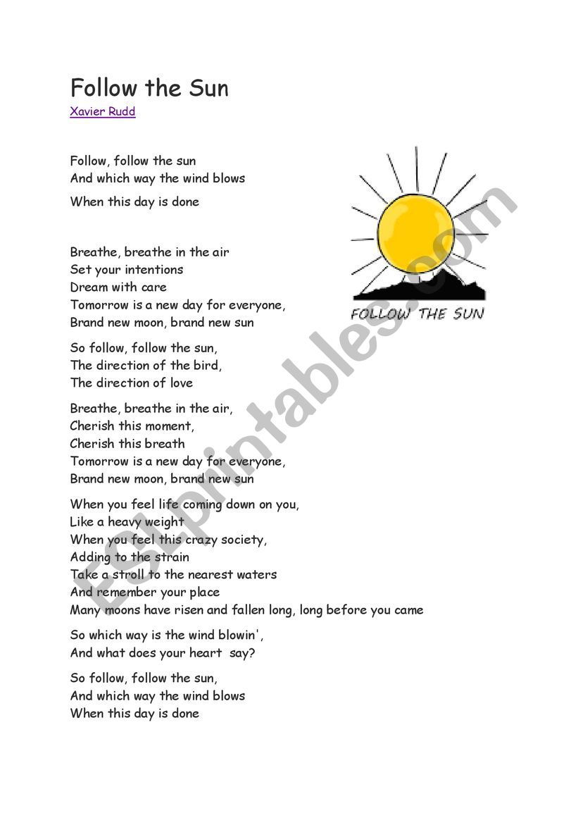 Follow The Sun Xavier Rudd Worksheet To Go With Song Esl Worksheet By Emmacale