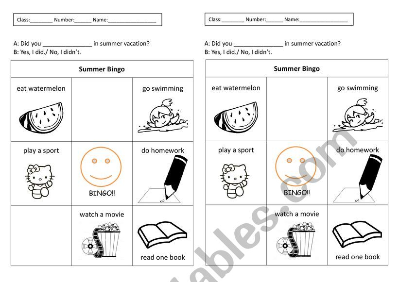 summer bingo worksheet