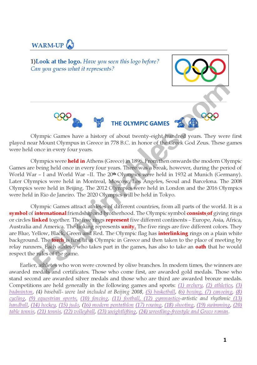 The Olympic Games  worksheet