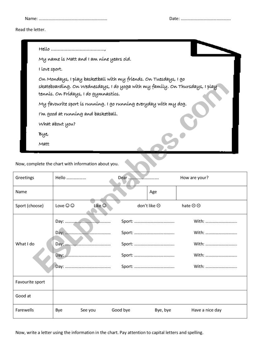 Writing Sports letter planning sheet