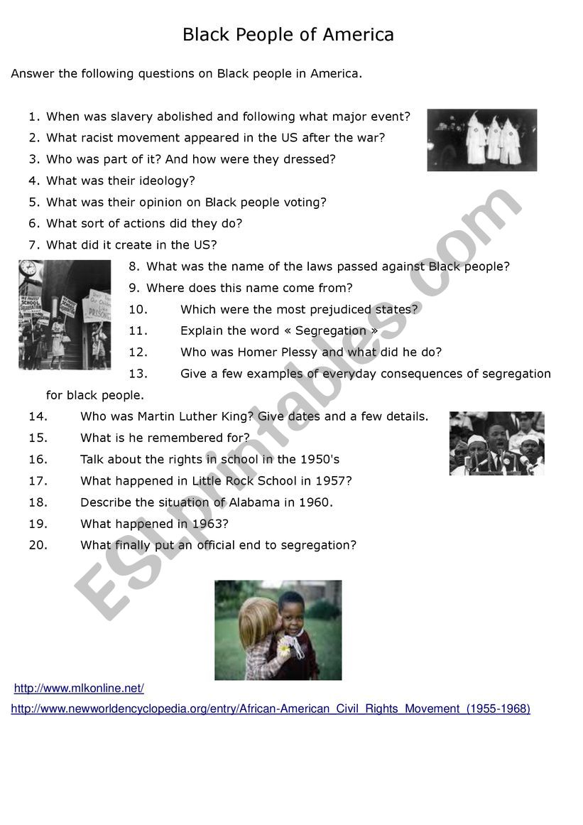 BLACK PEOPLE OF AMERICA worksheet