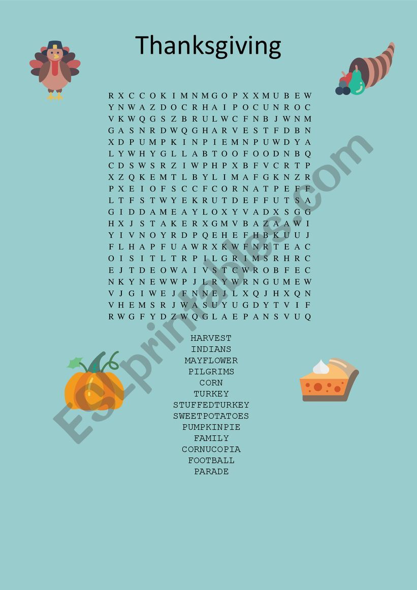 Thanksgiving wordsearch worksheet