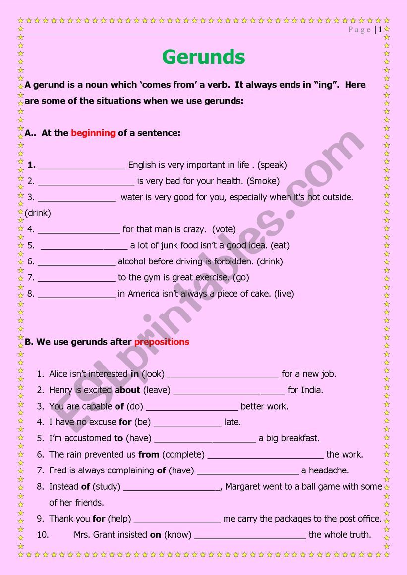 Gerunds worksheet