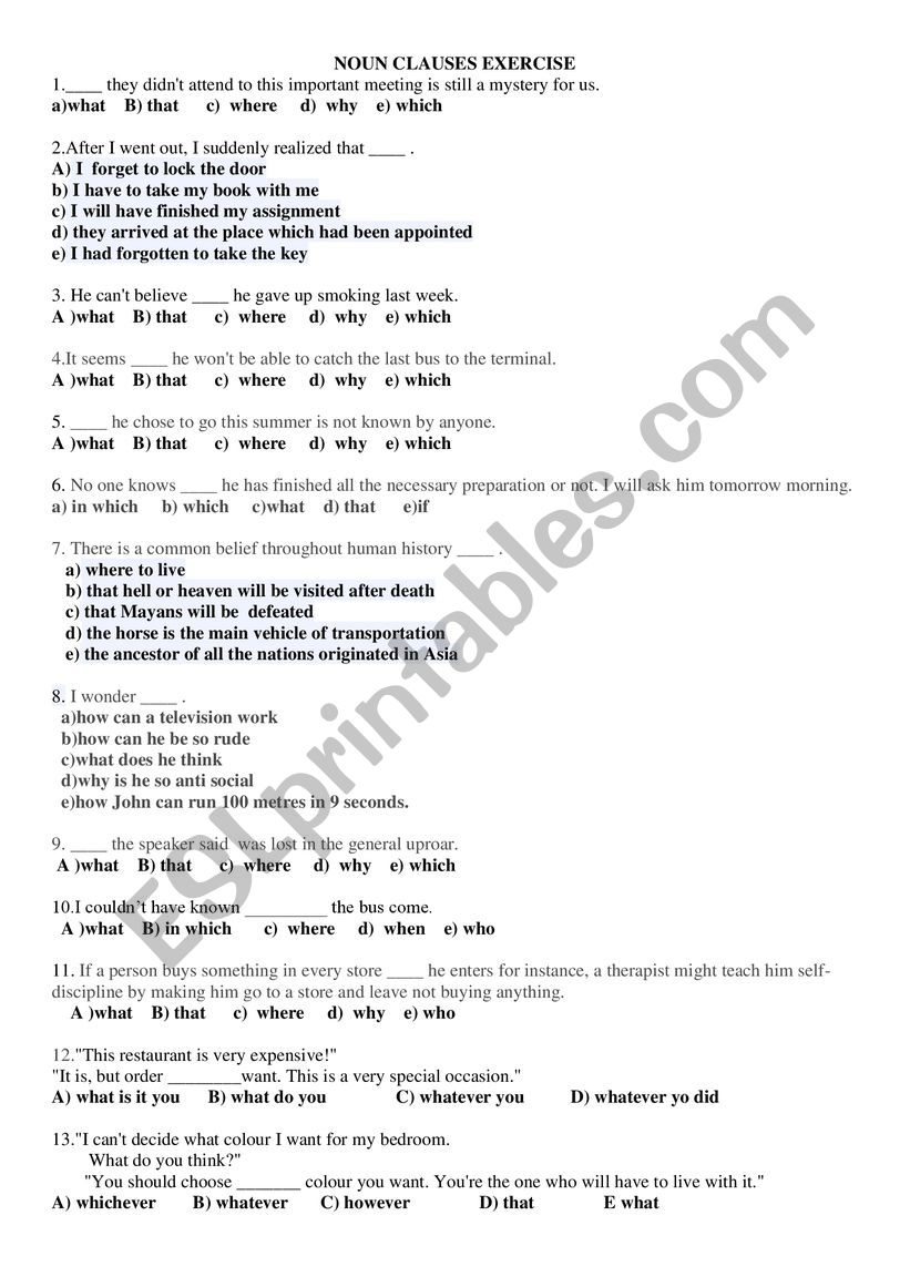 noun clauses exercise worksheet