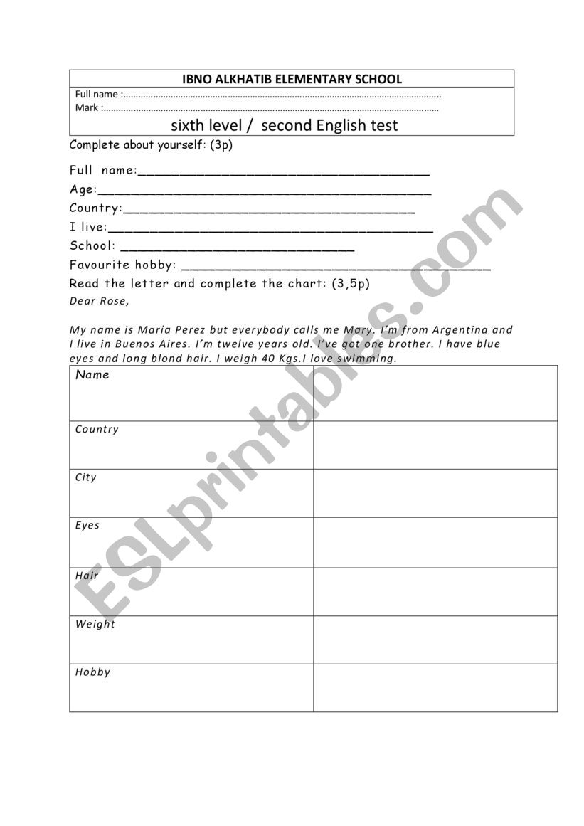 self introductio worksheet