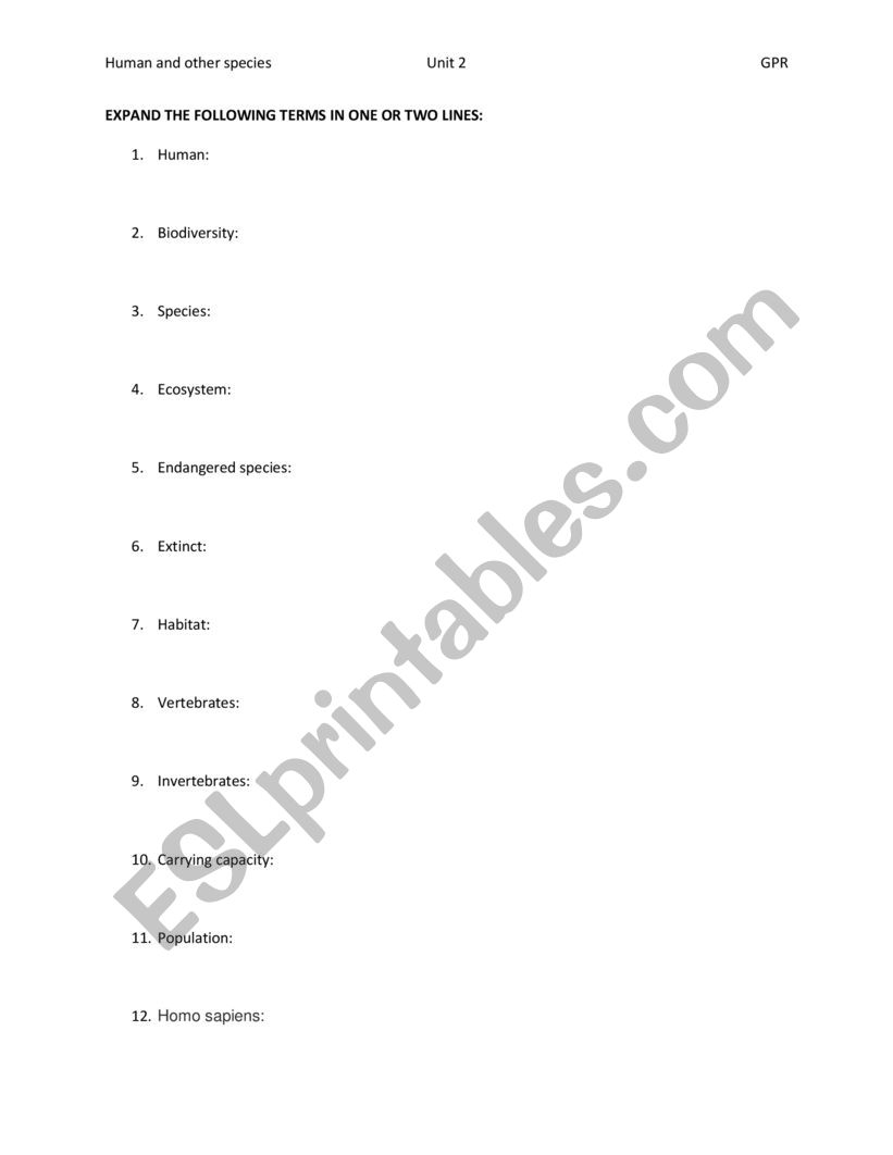 Human and other species worksheet