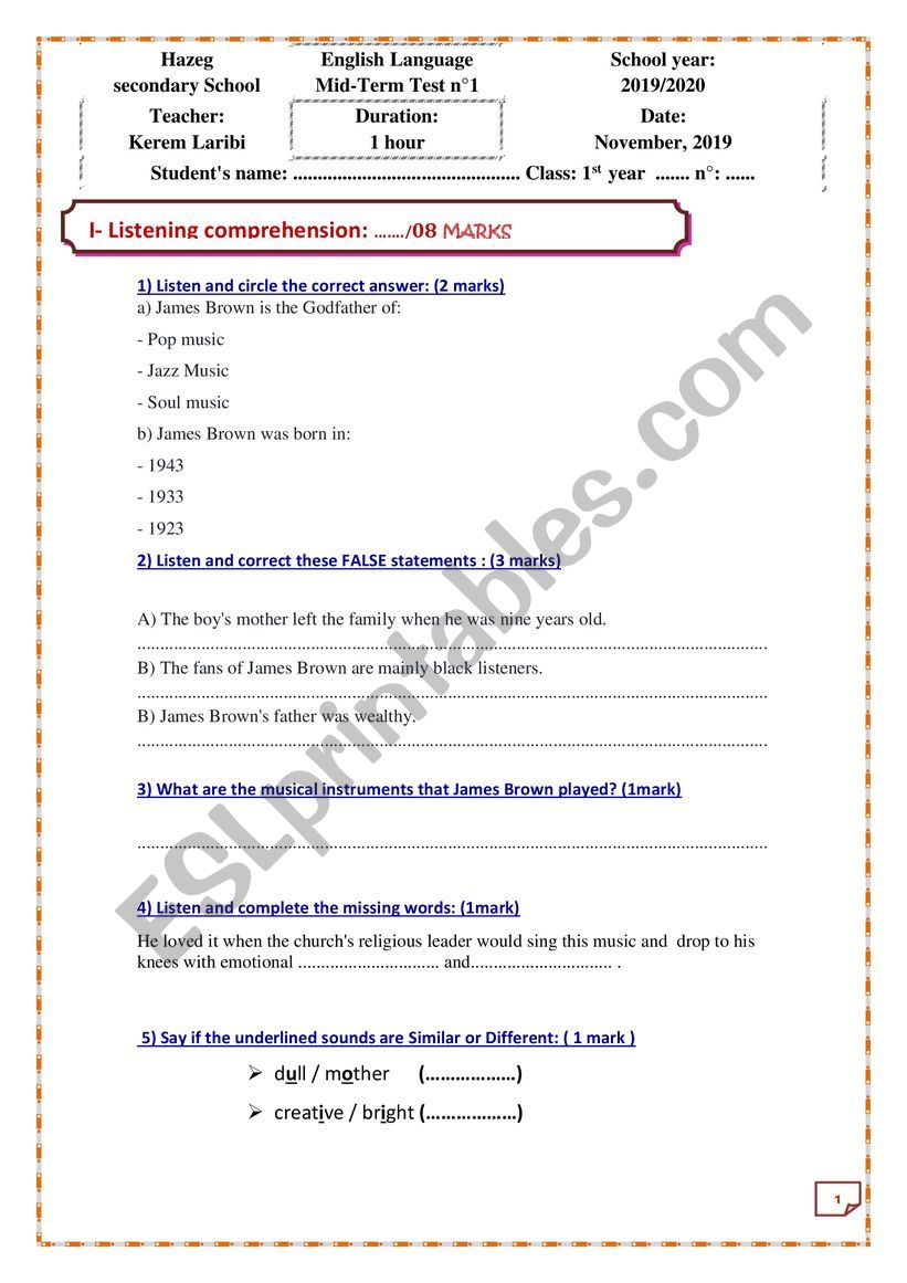 Mid term test 1 worksheet