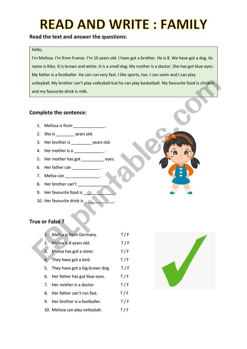 family: reading and writing worksheet