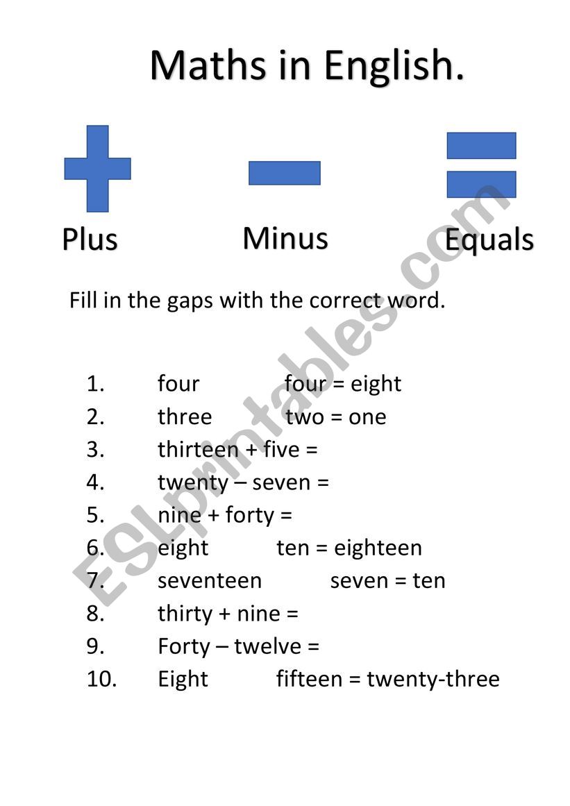 Maths in English worksheet