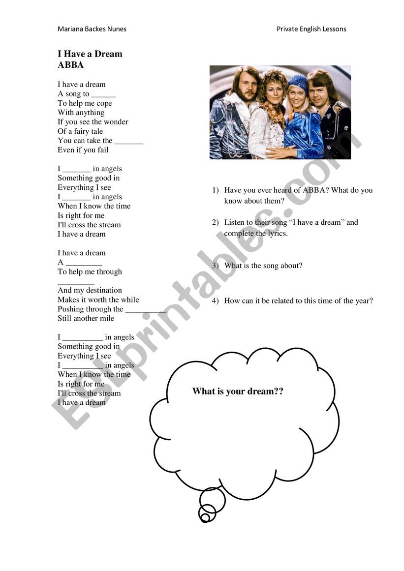 I have a dream - ABBA worksheet