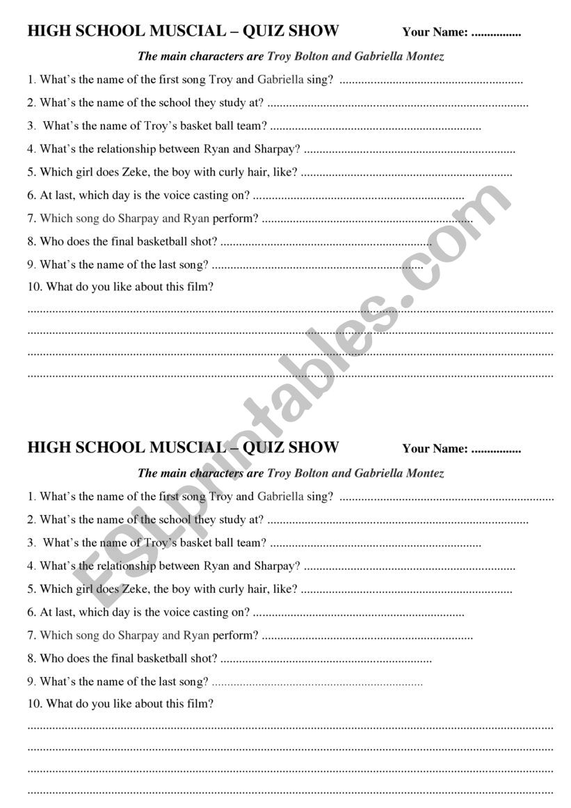 film high school musical  worksheet