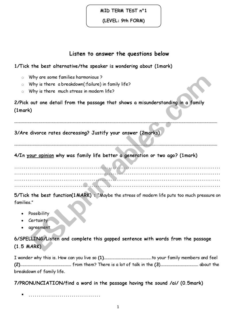 MID TERM TEST FOR 9TH FORMERS (TUNISIAN PROGRAM)