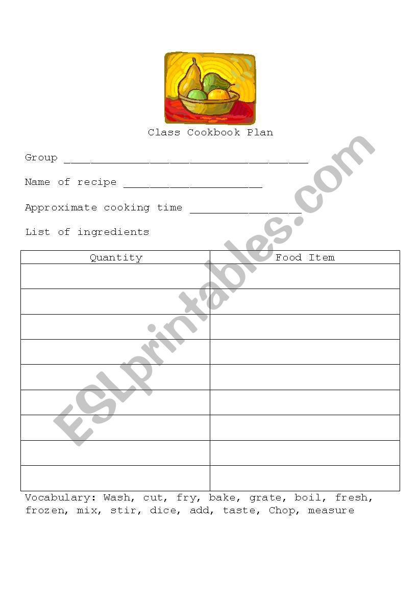 Class Cookbook Planning Sheet worksheet