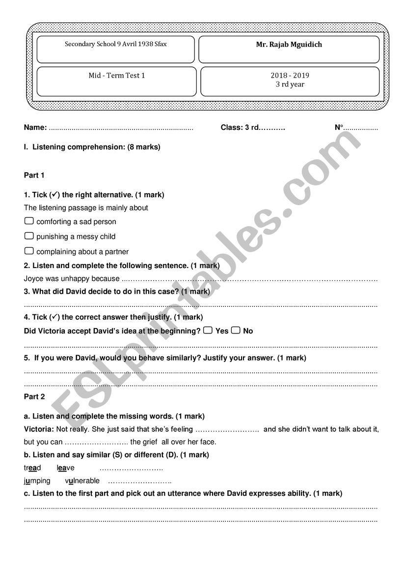 mid term test n1 worksheet