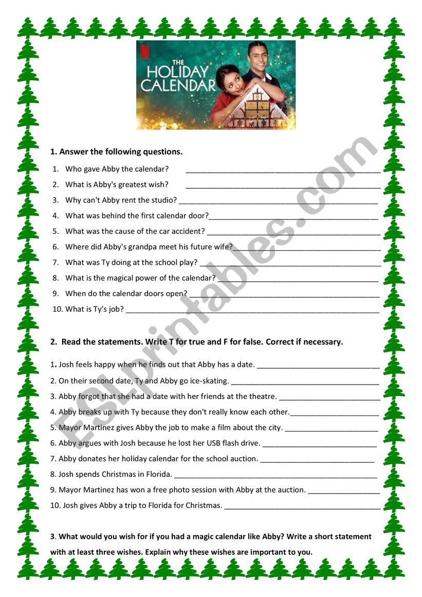 The holiday calendar worksheet