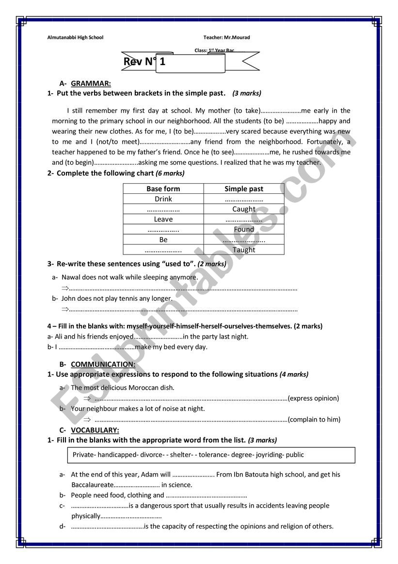 Grammar and functions review worksheet