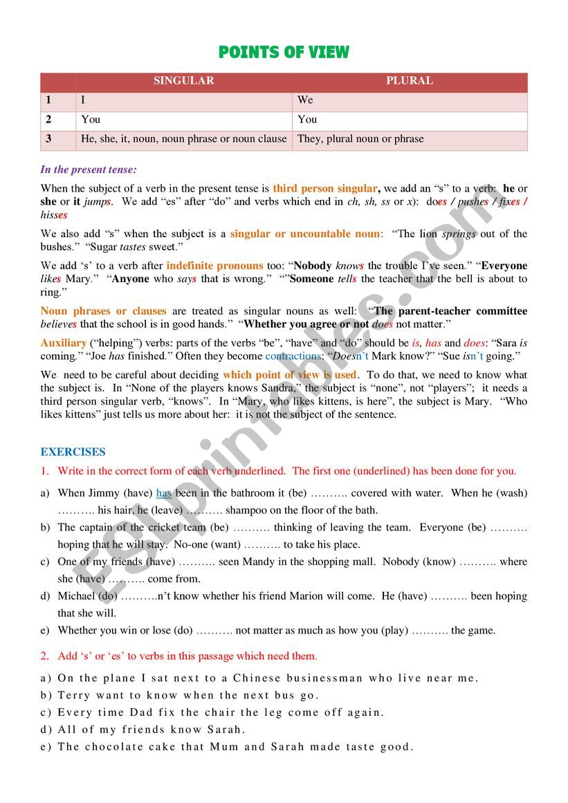 Points of View - especially 3rd person - notes and exercises with answers