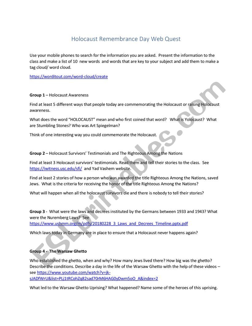 Holocaust Day  Group Activity worksheet