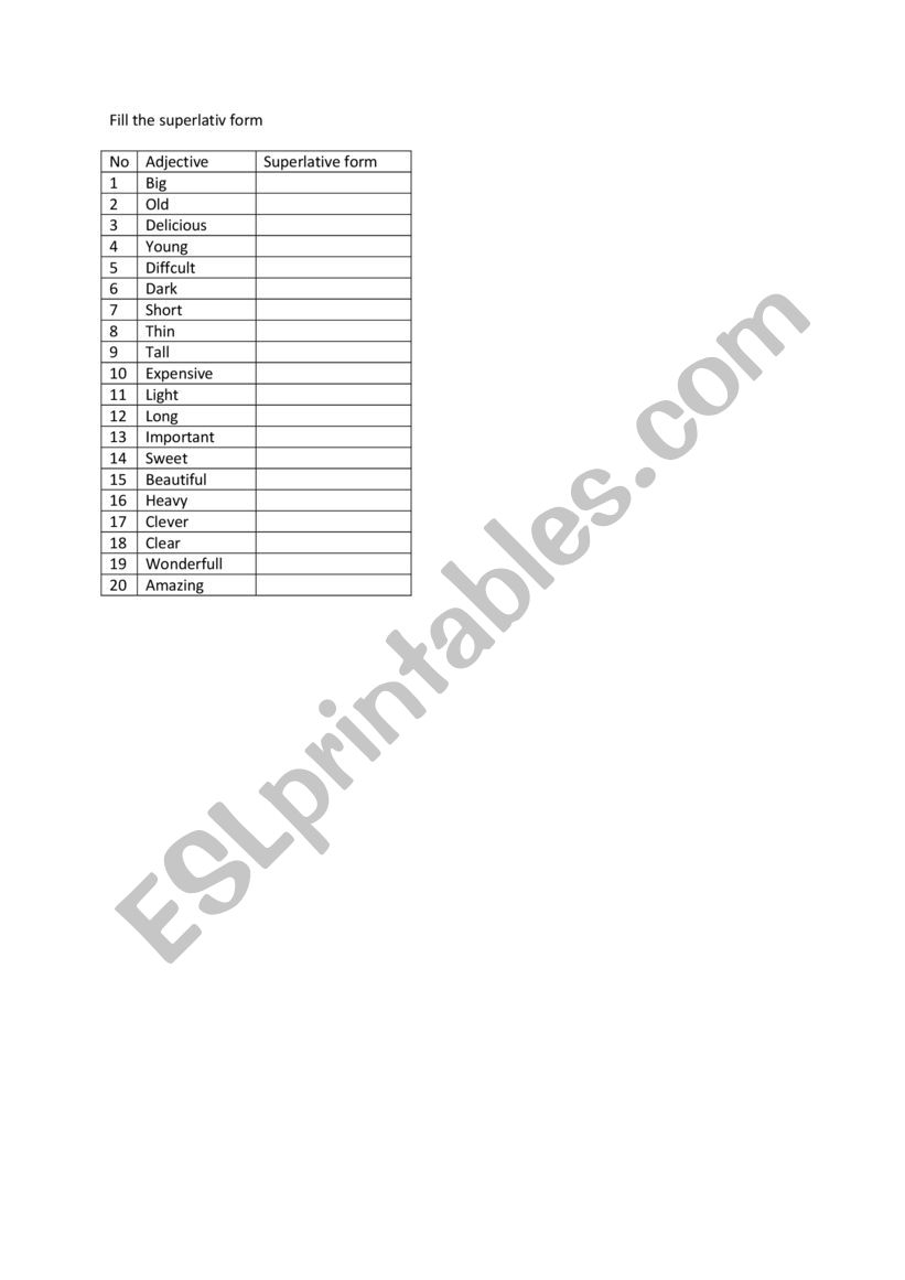 superlative degree  worksheet