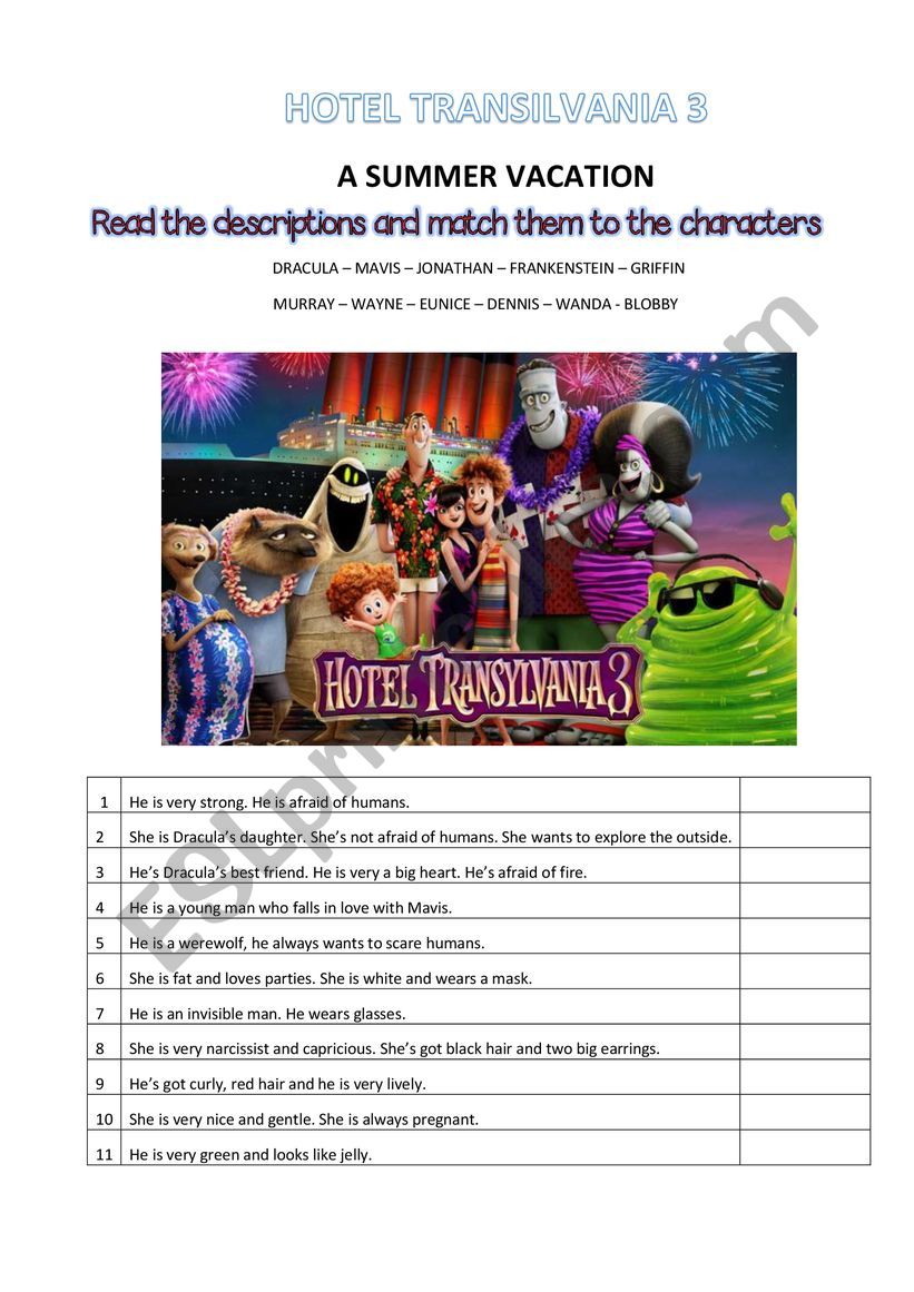 Hotel Transilvania 3 worksheet