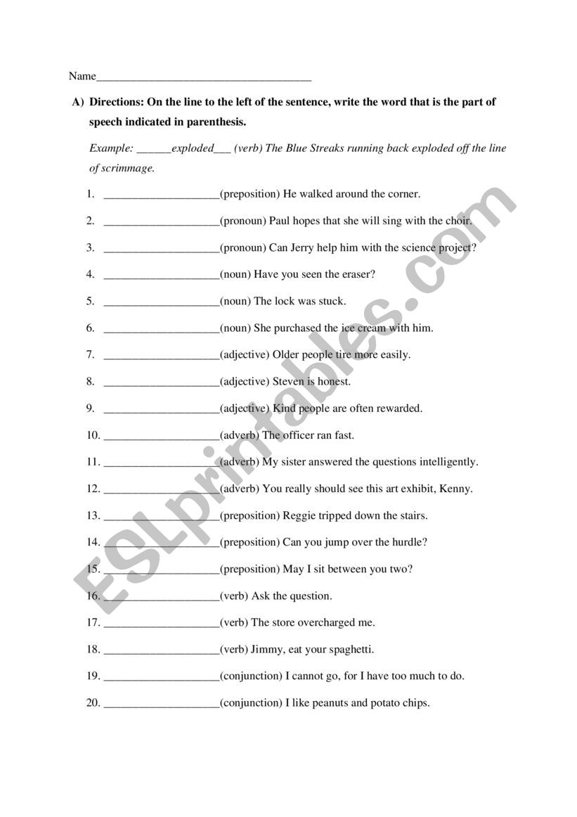 Parts of Speech Exercises worksheet