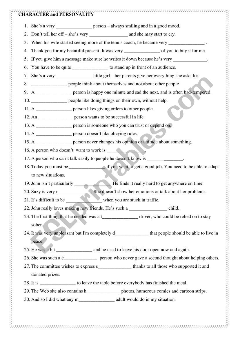 Character & Personality worksheet