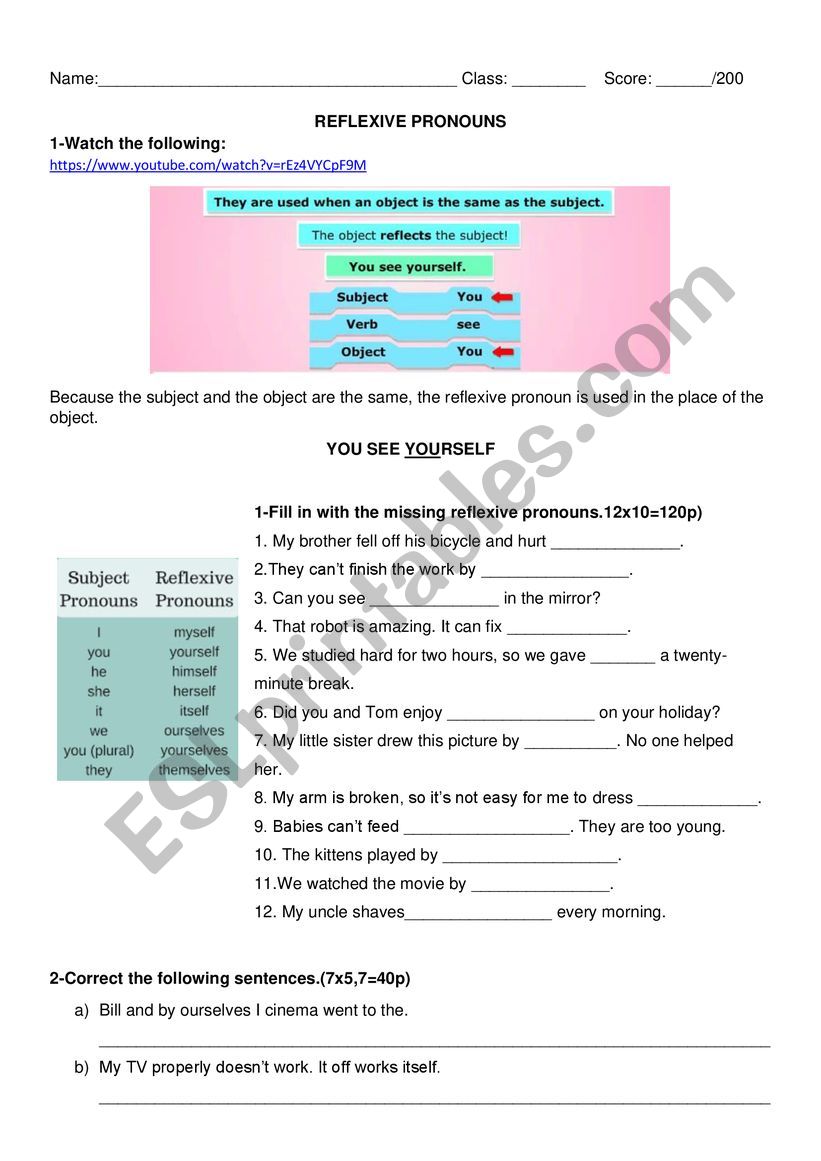 reflexive pronouns worksheet