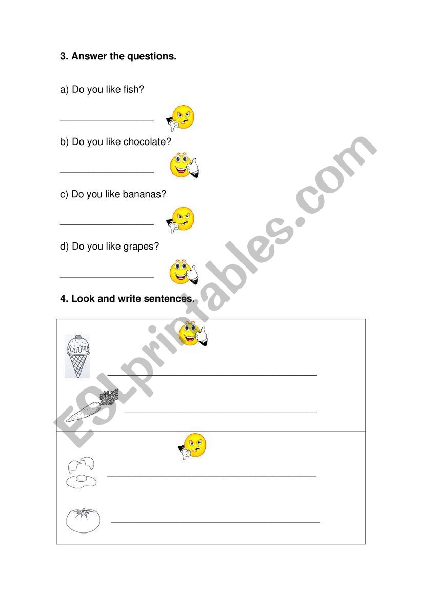 LIKE SHORT ANSWERS AND FOOD worksheet