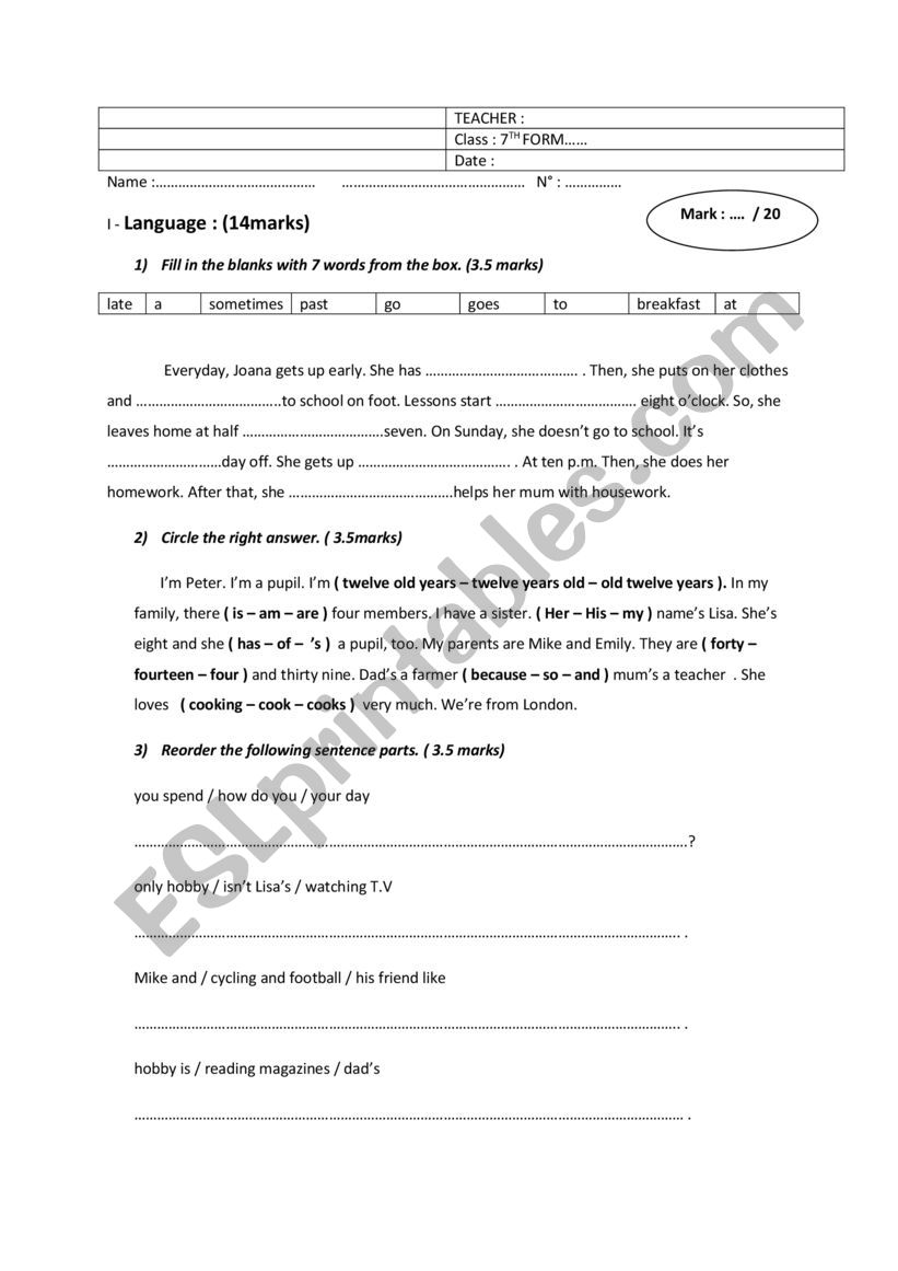 MID TERM TEST 1 - 7TH FORM worksheet