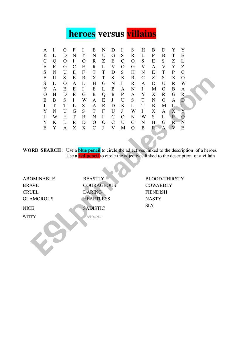 villains versus heroes worksheet