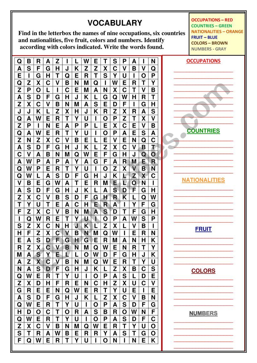 VOCABULARY - OCCUPATIONS, COUNTRIES, NATIONALITIES, FRUIT, COLORS AND NUMBERS